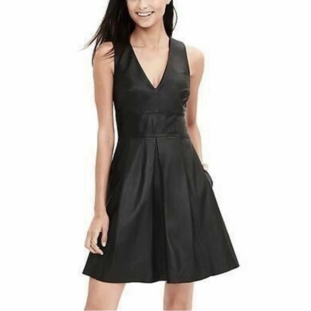 Banana Republic 100% lamb leather Black criss cross back Dress